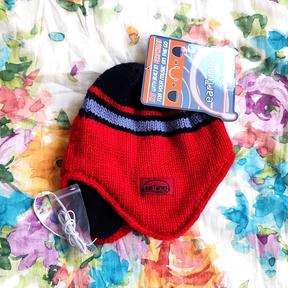NWT earTunes Red/black/gray knit winter hat with built-in plug-in earphones. OS.